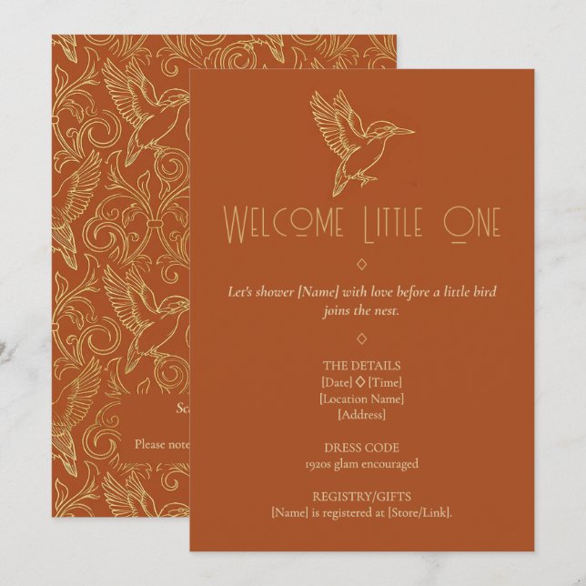 Invitation Gold Filigree Art Deco | Kingfisher Baby Shower (Devant / Derrière)