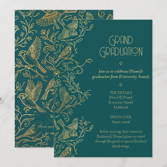 Invitation Gold Filigree Art Deco | Sparrow Graduation (Devant / Derrière)