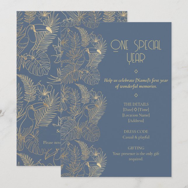 Invitation Gold Filigree Art Deco | Toucan 1st Birthday (Devant / Derrière)