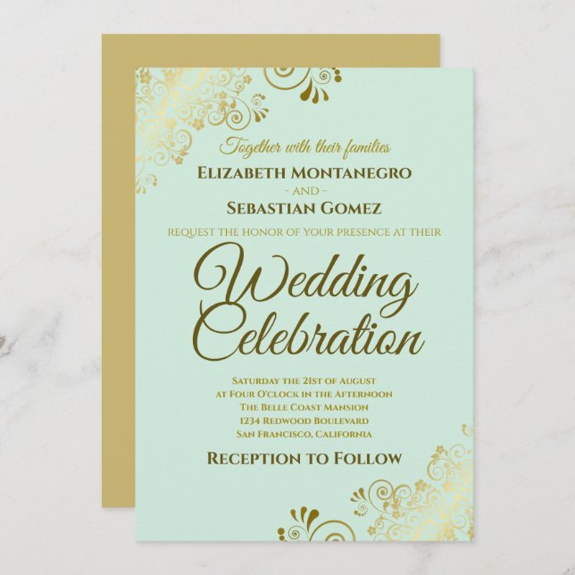 Invitation Gold Filigree Chic Elegant Neo Mint Green Mariage (Devant / Derrière)