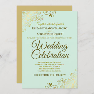 Invitation Gold Filigree Chic Elegant Neo Mint Green Mariage
