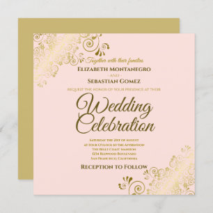 Invitation Gold Filigree Elegant Blush Pink Carré Mariage
