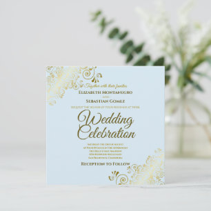 Invitation Gold Filigree Elegant Poudre Carré bleu Mariage