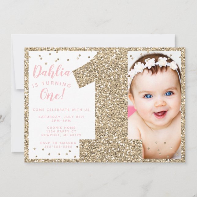 Invitation Gold First Birthday Invitation, Faux Parties scint (Devant)