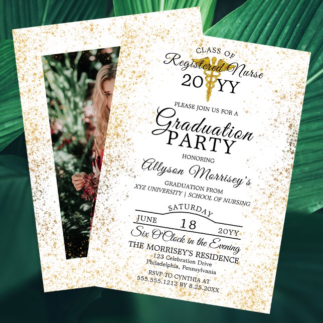Invitation Gold Flecks Photo Nuring School | Graduation en mé (Faux Gold Flecks Photo Nursing School | Medical Graduation Party Invitation - Print | Digital)