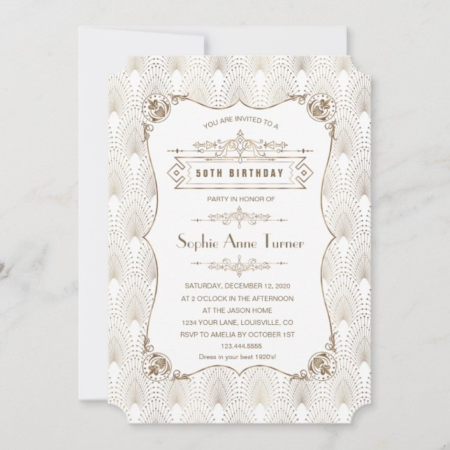 Invitation Gold Fleur-de-lis Great Gatsby 20s 50e anniversair (Devant)