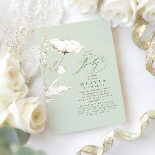 Invitation Gold Fleur sauvage Sage Green Baby shower élégant