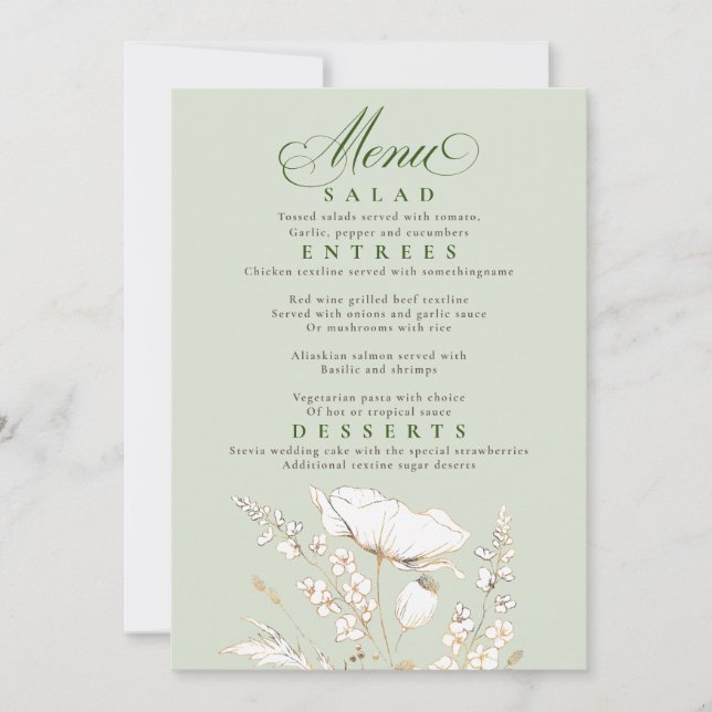 Invitation Gold Fleur sauvage Sage Green et Gold Mariage Menu (Devant)