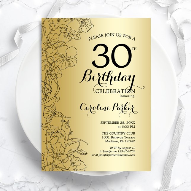 Invitation Gold Floral 30e fête d'anniversaire (Créateur téléchargé)