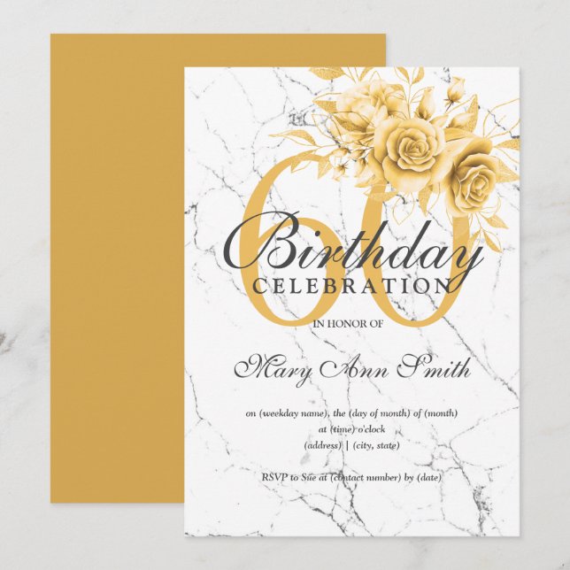 Invitation Gold Floral 60e Anniversaire Marbre de fête  (Devant / Derrière)