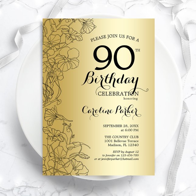 Invitation Gold Floral 90e fête d'anniversaire (Créateur téléchargé)