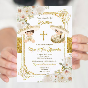 Invitation Gold Floral Baptême mexicain Fiesta Twin