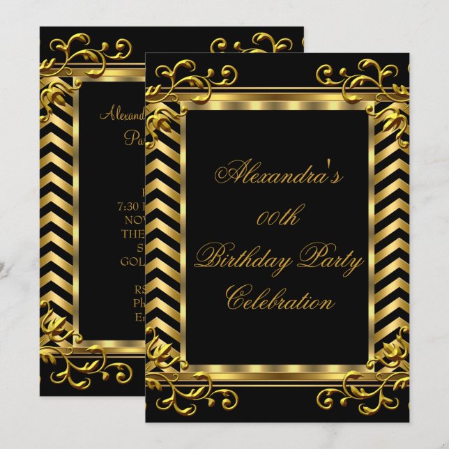 Invitation Gold Floral Black Chevron Élégante fête d'annivers (Devant / Derrière)