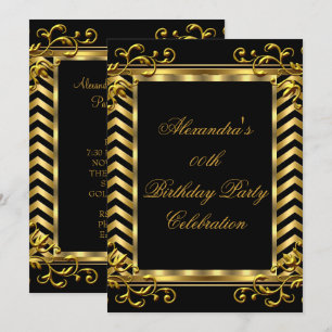 Invitation Gold Floral Black Chevron Élégante fête d'annivers