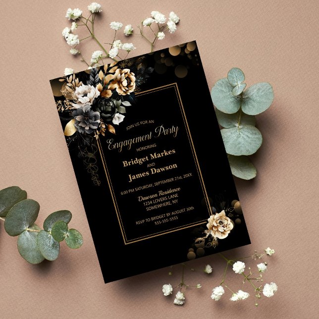 Invitation Gold Floral Black Engagement Party (Créateur téléchargé)