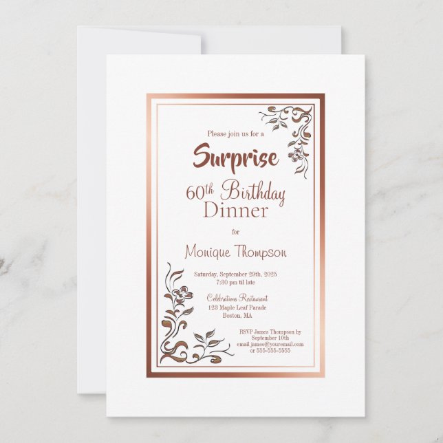 Invitation Gold Floral Border Surprise 60e anniversaire Dîner (Devant)