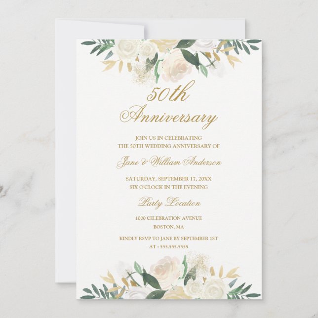 Invitation Gold Floral Botanical 50e anniversaire Mariage (Devant)