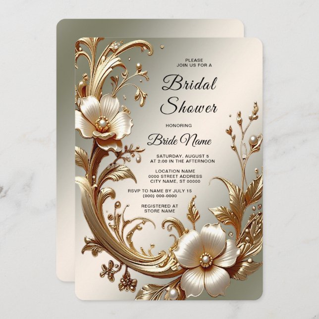 Invitation Gold Floral Bridal Shower (Devant / Derrière)