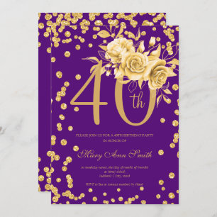 Invitation Gold Floral & Confetti 40e anniversaire fête viole
