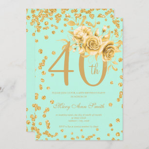 Invitation Gold Floral & Confetti 40e Anniversaire Mint 