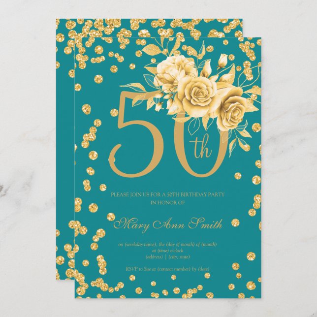 Invitation Gold Floral & Confetti 50e anniversaire Turquoise  (Devant / Derrière)