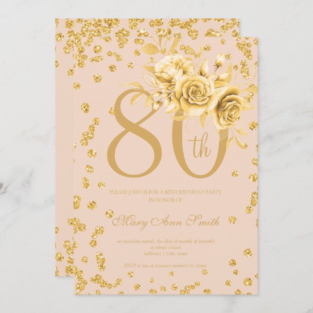Invitation Gold Floral & Confetti 80e Anniversaire Fête Blush (Devant / Derrière)