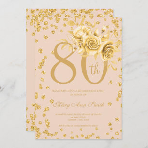 Invitation Gold Floral & Confetti 80e Anniversaire Fête Blush