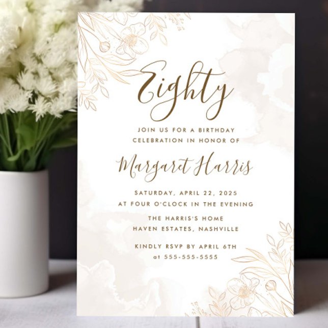 Invitation Gold Floral Feuille Frontière 80e Quatre-vingts An (Créateur téléchargé)