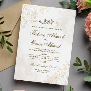 Invitation Gold Floral Feuille frontière musulmane Mariage mu