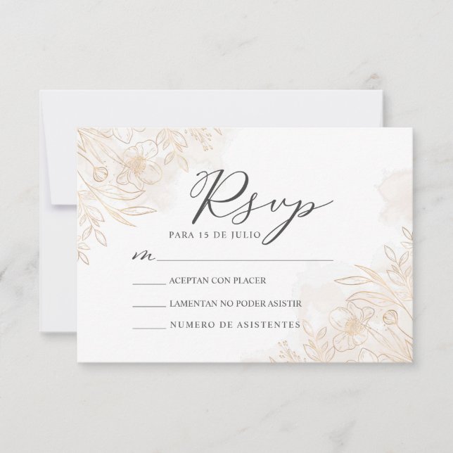 Invitation Gold Floral Feuilles Nuestra Boda Mariage RSVP (Devant)