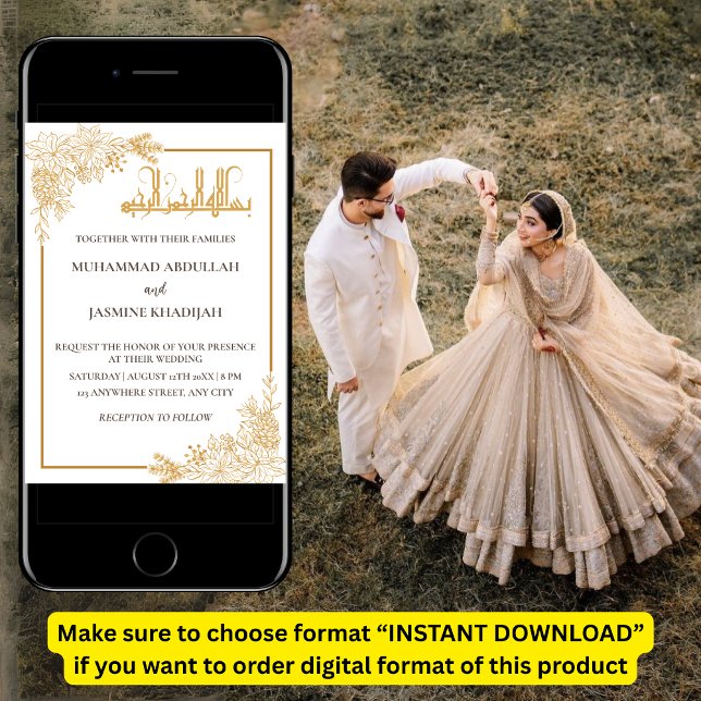 Invitation Gold Floral Frame Mariage musulman islamique (Créateur téléchargé)
