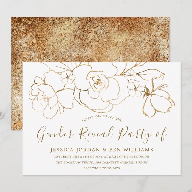 Invitation Gold Floral Genre Neutral Baby shower de fête (Devant / Derrière)