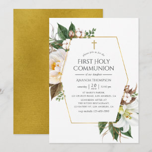 Invitation Gold Floral Géométrique Première Communion sainte