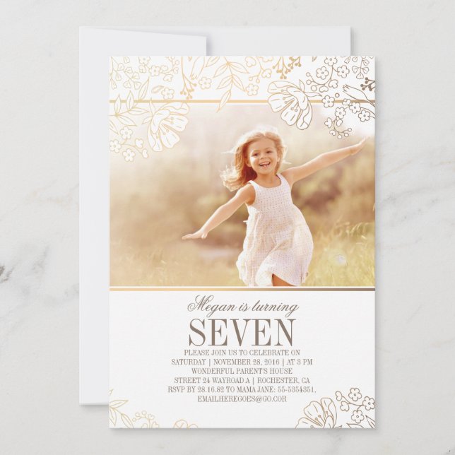 Invitation Gold Floral Girl Photo Anniversaire Fête Invitatio (Devant)