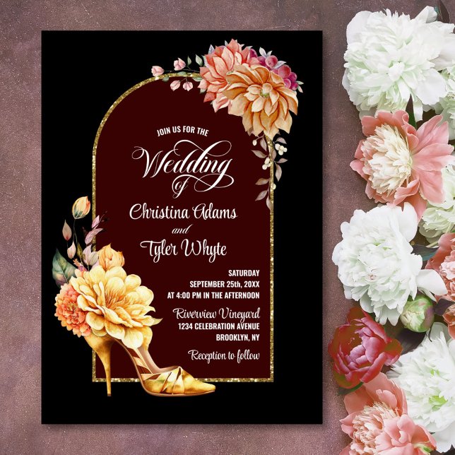 Invitation Gold Floral haut talon noir Mariage d'arc (Créateur téléchargé)