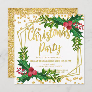 Invitation Gold Floral Holly Parties scintillant Christmas Co