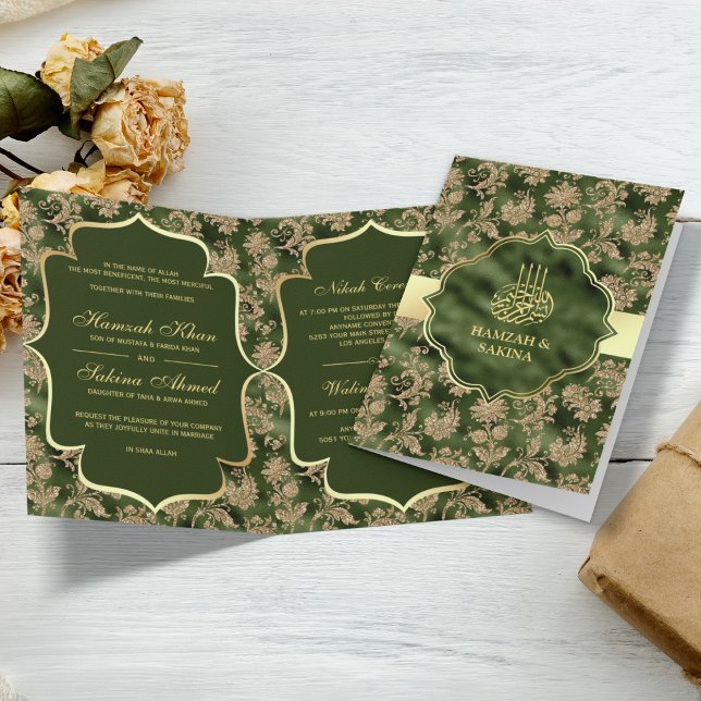 Invitation Gold Floral Hunter Vert musulman musulman Mariage (Créateur téléchargé)