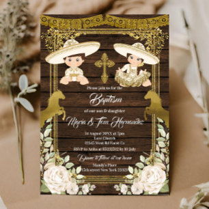 Invitation Gold Floral Mexicain Baptême Fiesta Twin Invitatia