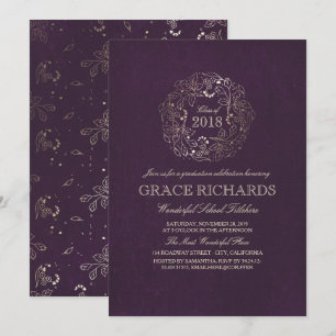 Invitation Gold Floral Monogramme Vintage Plum Graduation Par