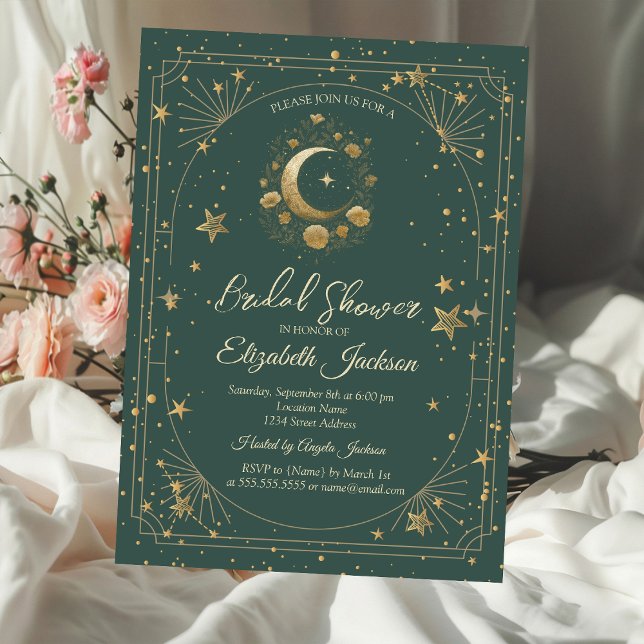 Invitation Gold Floral Moon Stars Frame Green Bridal Shower (Créateur téléchargé)