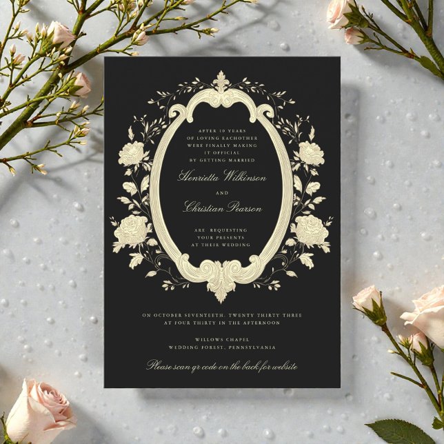 Invitation Gold Floral Oval Frame Black Elegant Wedding (Créateur téléchargé)