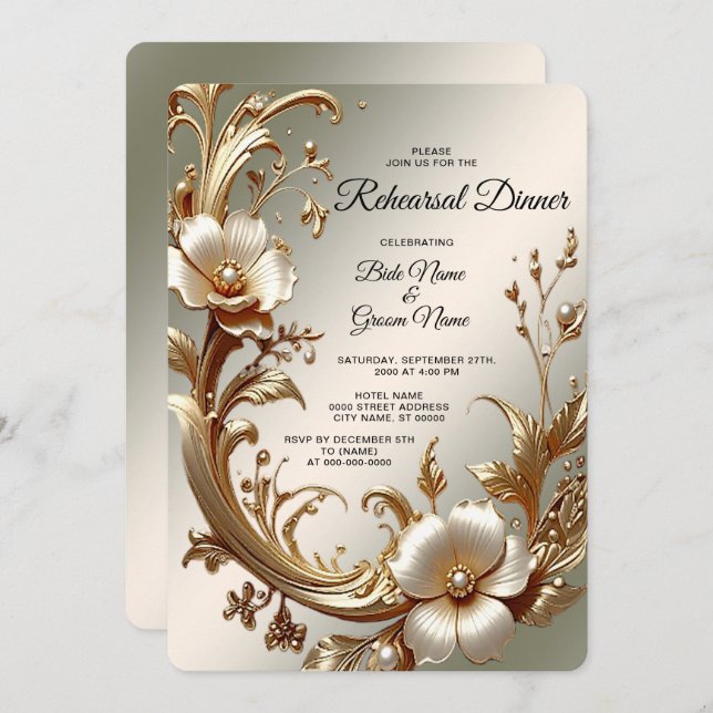 Invitation Gold Floral Rehearsal Dinner (Devant / Derrière)