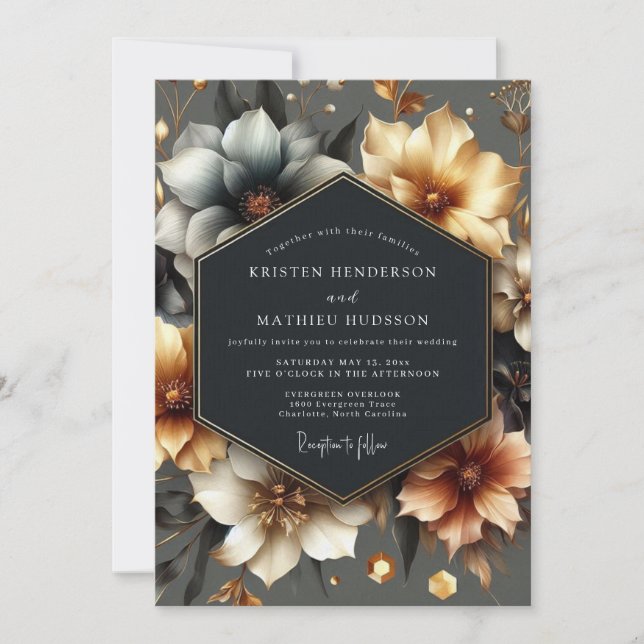 Invitation Gold Floral Romance Wedding (Devant)