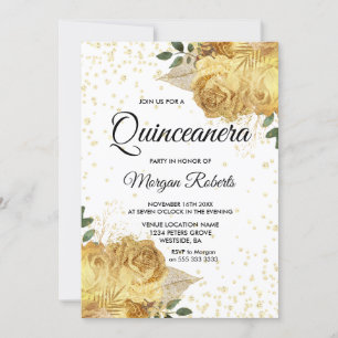 Invitation Gold Floral Rose Quinceanera Party Inite