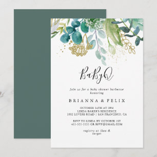 Invitation Gold Floral Tropical BabyQ Baby shower Barbecue