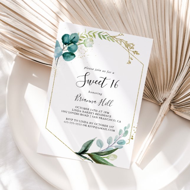 Invitation Gold Floral Tropical Green Sweet 16 fête d'anniver (Créateur téléchargé)