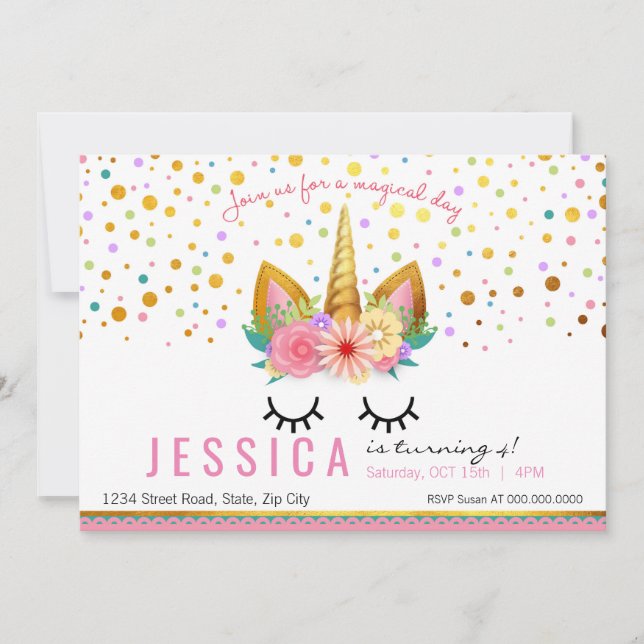Invitation Gold Floral Unicorn Party (Devant)