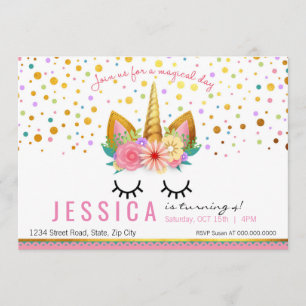 Invitation Gold Floral Unicorn Party