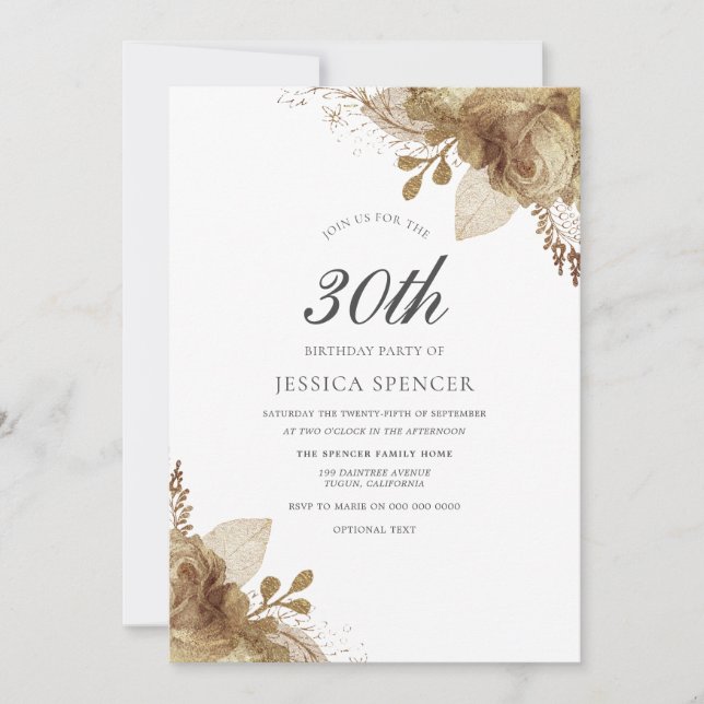 Invitation Gold Floral Womans Hommes 30e anniversaire Invitat (Devant)