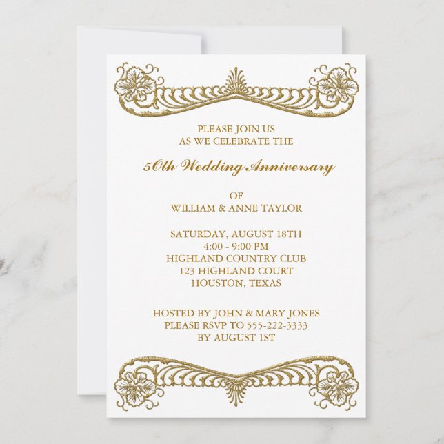 Invitation Gold Flower Scroll 50e fête Mariage Anniversaire (Devant)